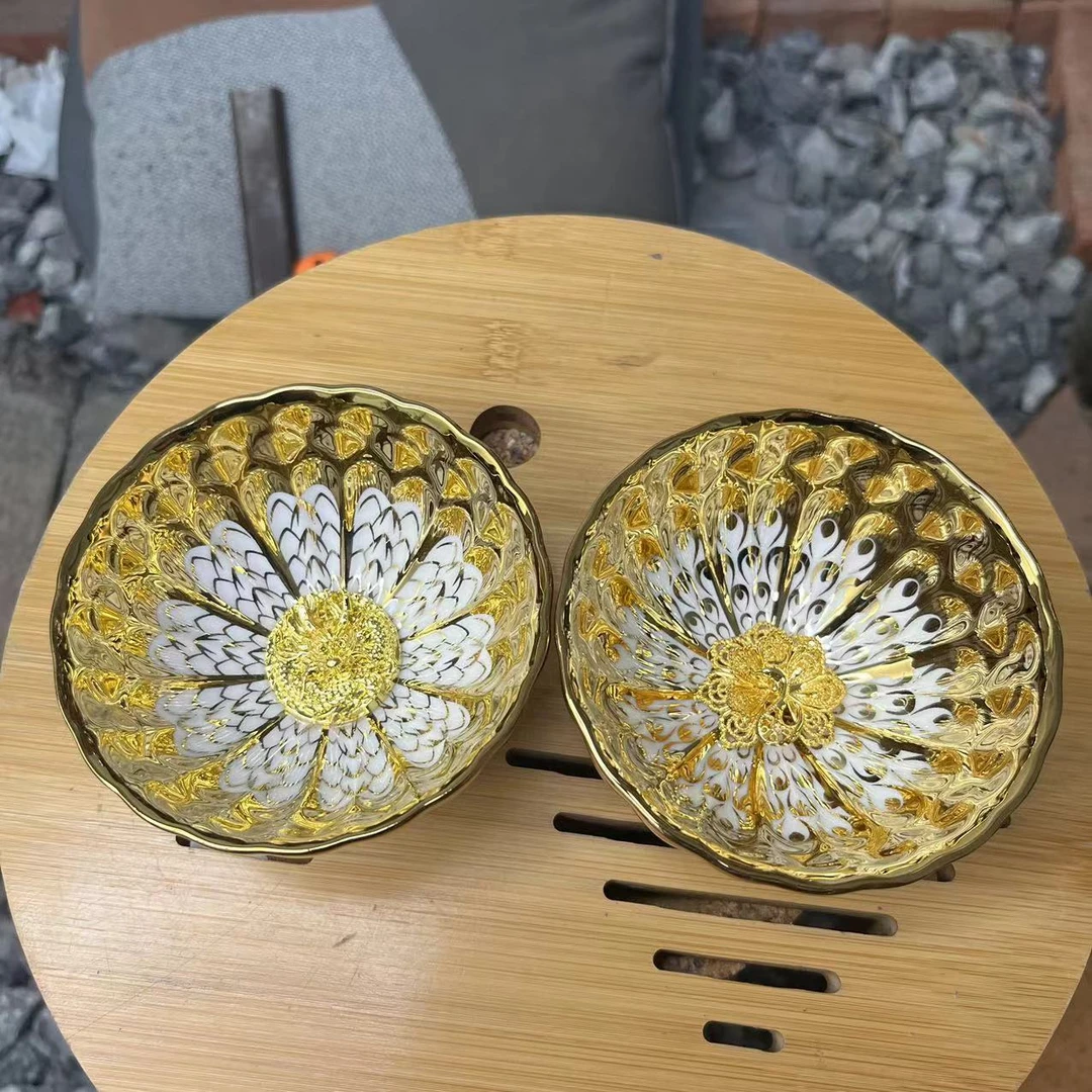 手工茶器 金玉满堂盘龙+太阳花孔雀对杯