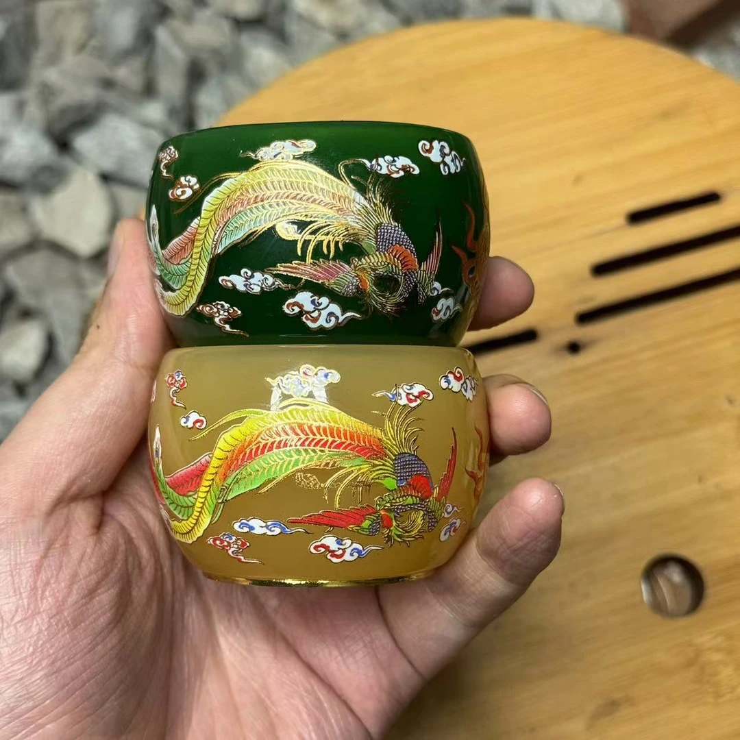 手工茶器  黄+绿 龙凤琉璃对杯