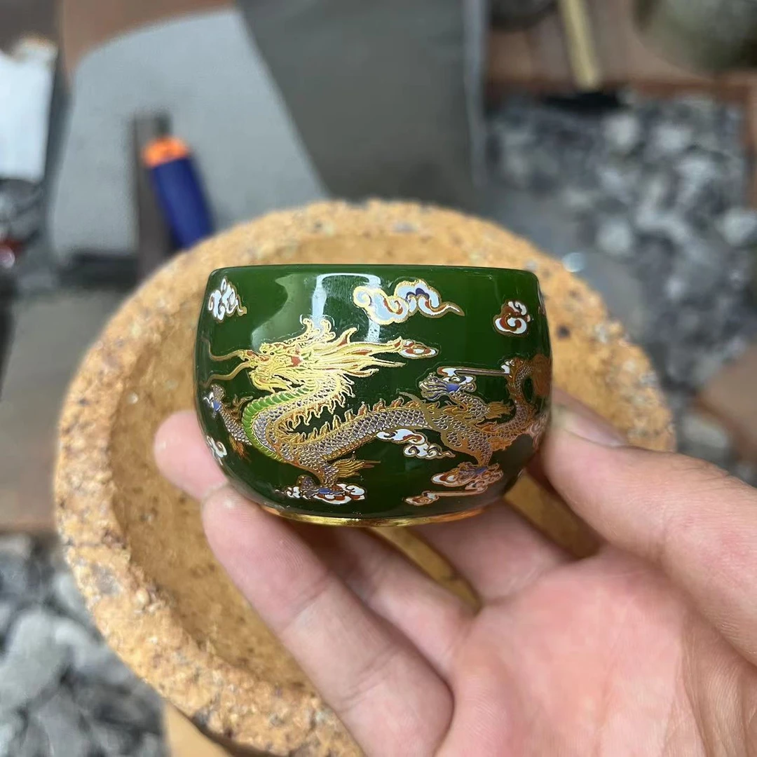手工茶器 绿琉璃龙凤杯
