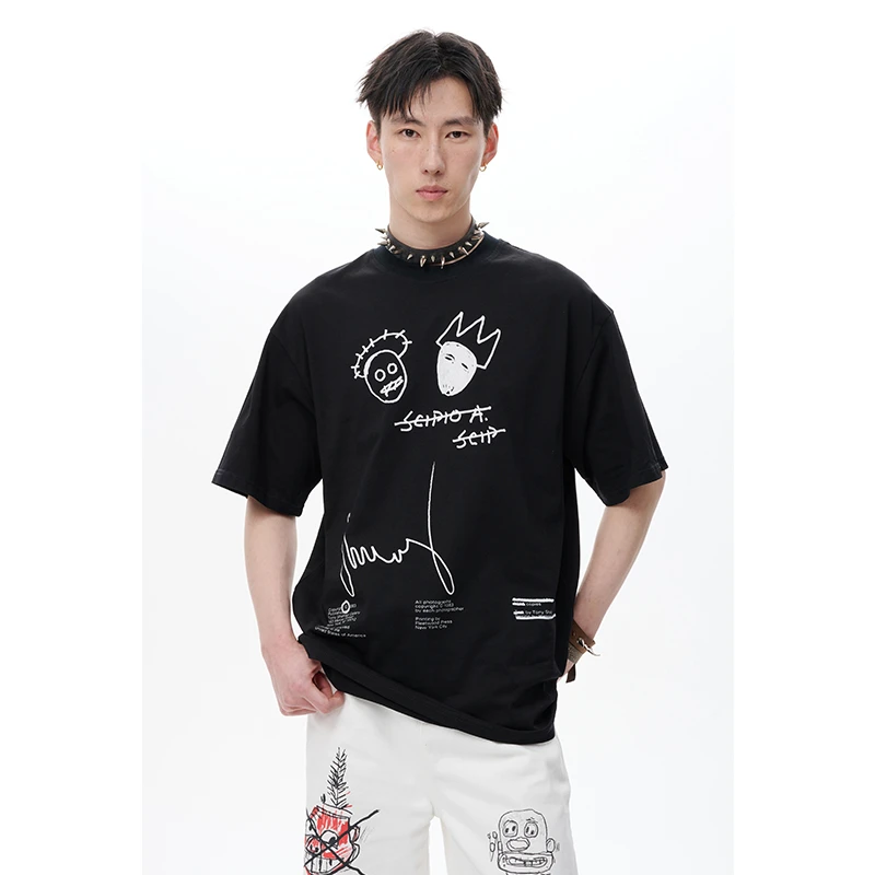 蜕幕| 原创美式手绘涂鸦印花t恤男女同款落肩短袖