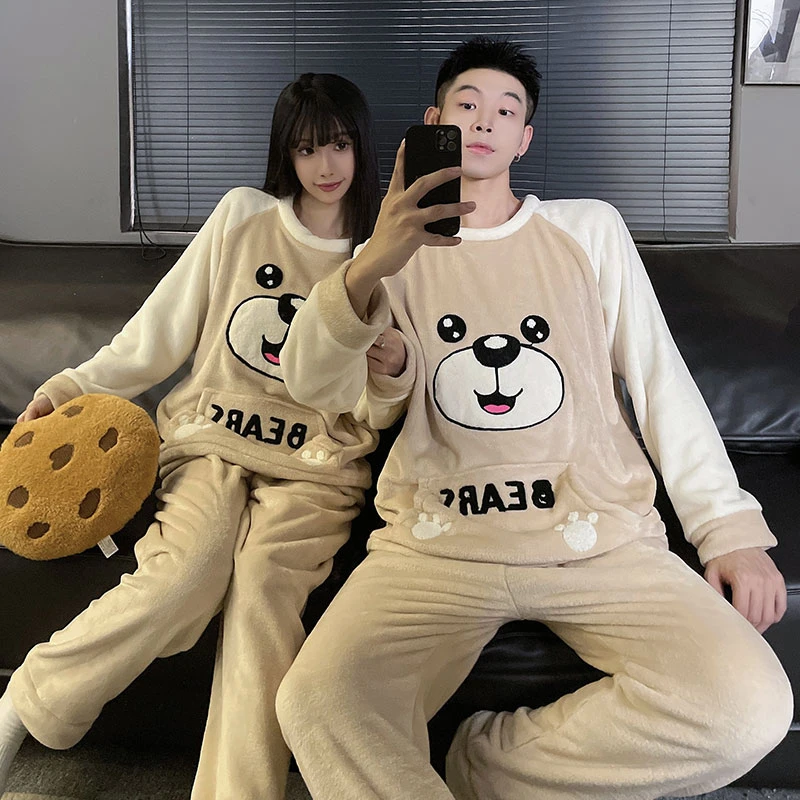 秋冬法兰绒情侣睡衣女学生可爱加厚加绒珊瑚绒男士长袖家居服套装