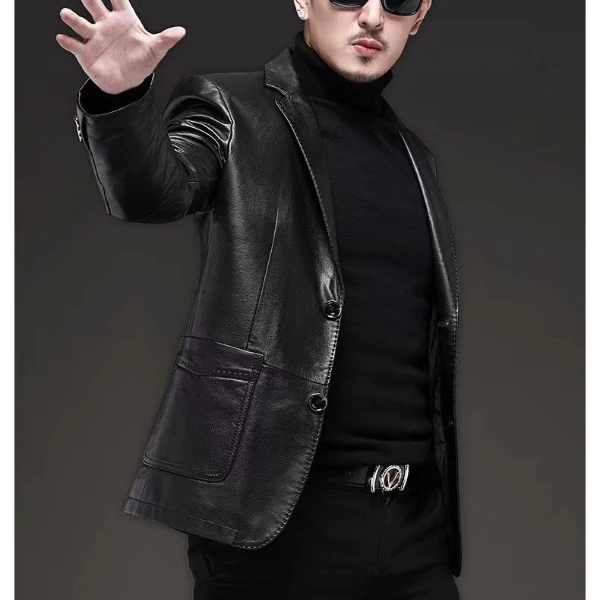 蓝尼鲨海宁真皮皮西装男春秋西装领头层牛皮 商务休闲西服外套