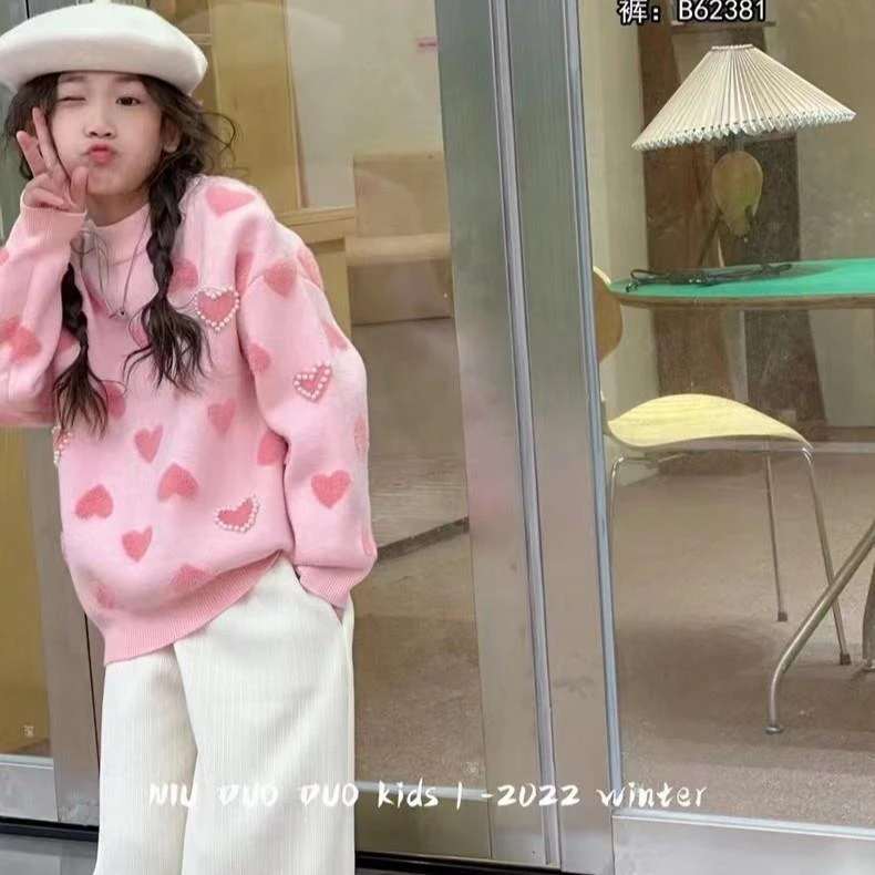 女童毛衣加绒秋冬新款儿童加厚一体绒打底衫女孩爱心针织衫套头
