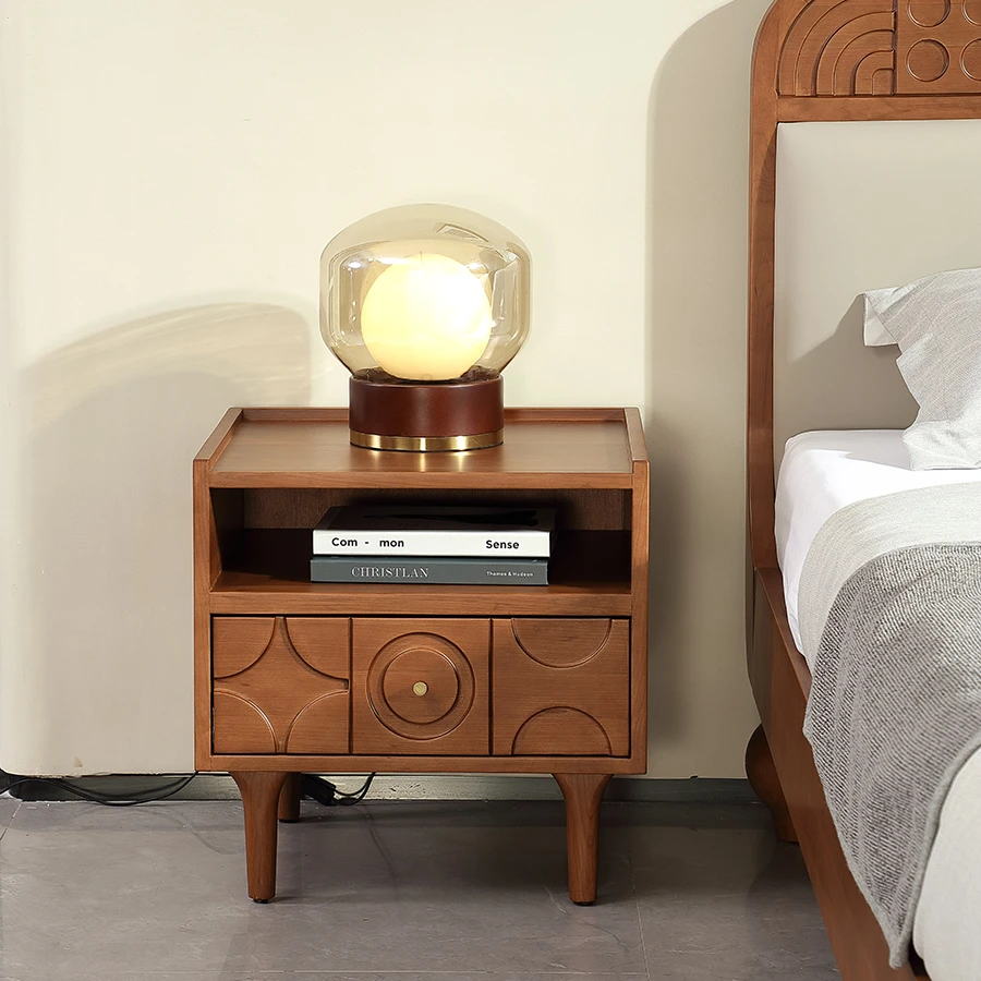 DS-Y503#【中古风】樱桃木全实木单抽几何床头柜高脚（500*450*500H）