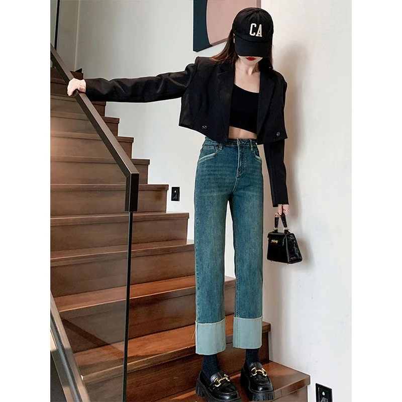 复古蓝高腰显瘦直筒牛仔裤女2024秋季新款修身显瘦小个子九分烟管