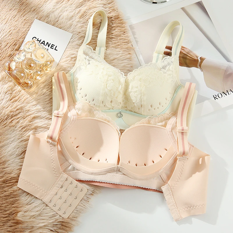 内衣女薄款透气小胸聚拢上托收副乳防下垂舒适无钢圈蕾丝文胸罩夏