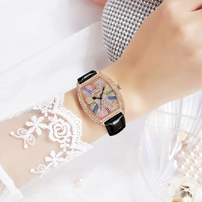 轻奢时尚女士腕表高档满钻手表防水百搭休闲款酒桶型女表（小青）