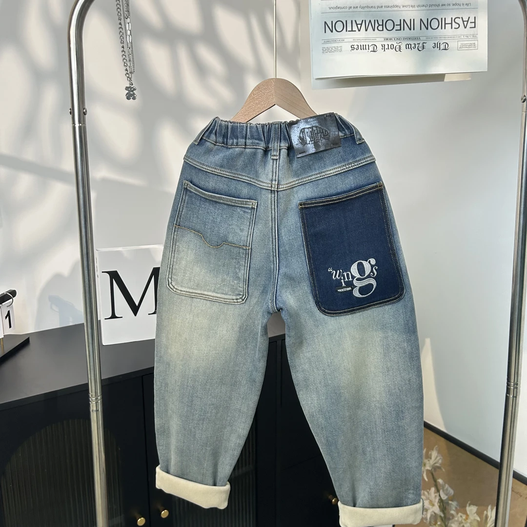 【现货】男童加绒牛仔裤冬季2024新款儿童痞帅气加厚一体绒裤子潮流