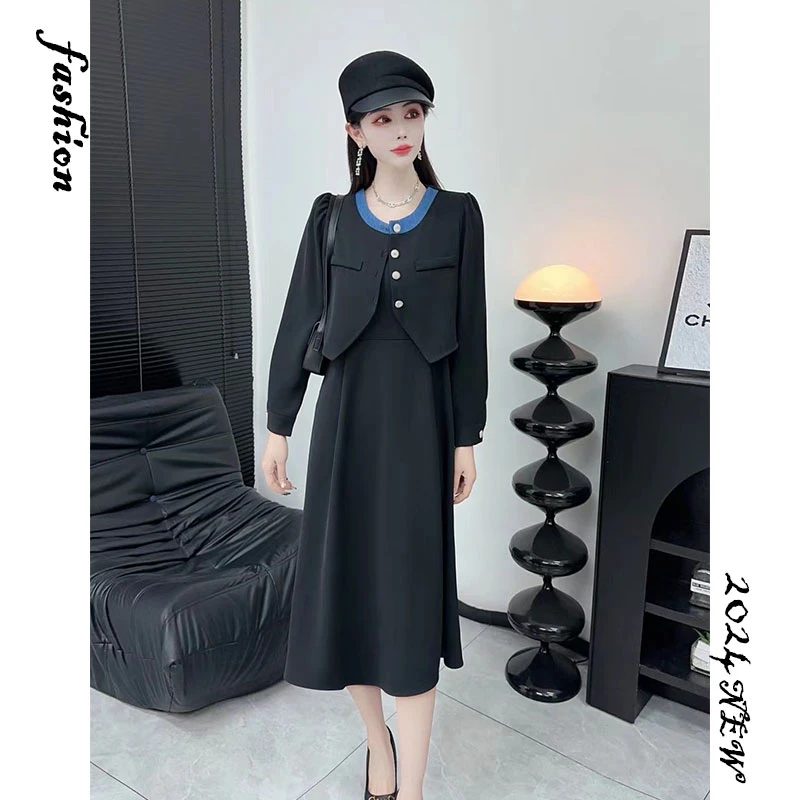 高级感连衣裙女中长款长袖假两件秋季新款赫本风气质显瘦女装2463