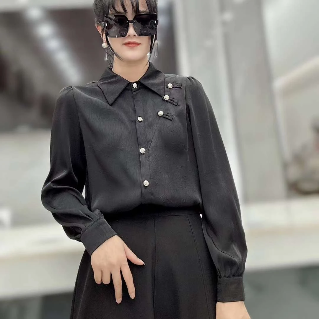 手抓花缎面新款衬衣女装2024年秋季职场通勤气质长袖百搭上衣衬衣