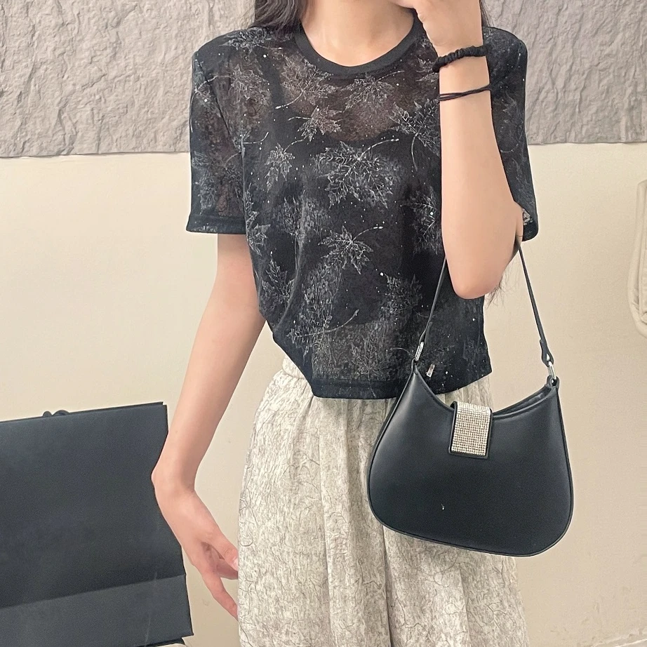 夏季时尚2024宽松休闲圆领小众网纱枫叶印花透气设计感短袖 382