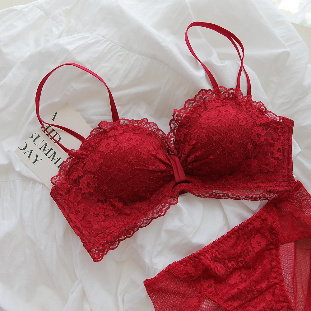 维多利亚红色内衣女小胸聚拢显大无钢圈结婚本命年新娘文胸罩套装
