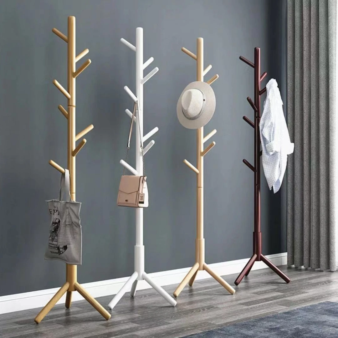 福思源覆膜实木衣帽架落地卧室挂衣架现代简约卧室立式简易挂衣包