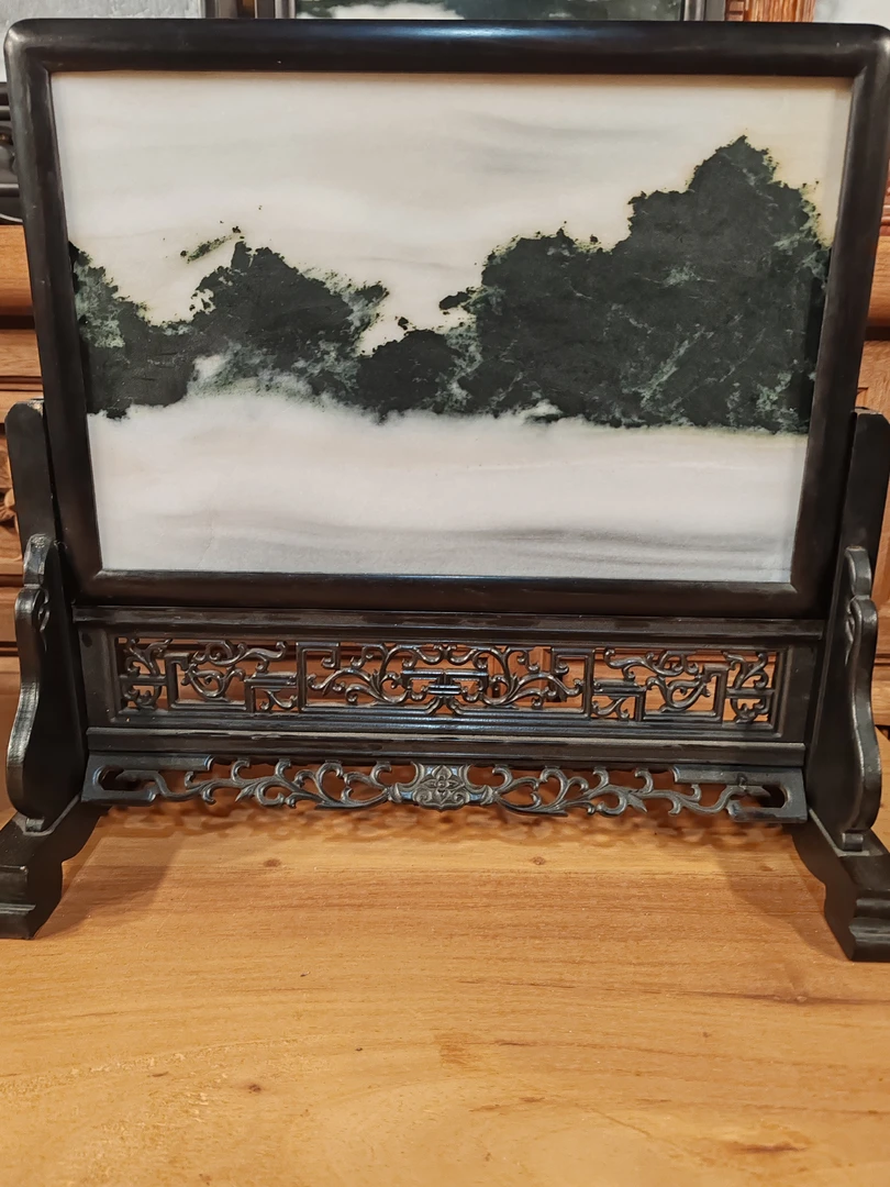 大理苍山天然云石  紫光檀插屏