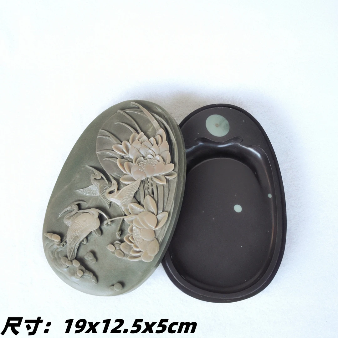 非物质文化遗产中国彩砚苴却砚手工雕刻精品花鸟盖砚 一鹭莲科
