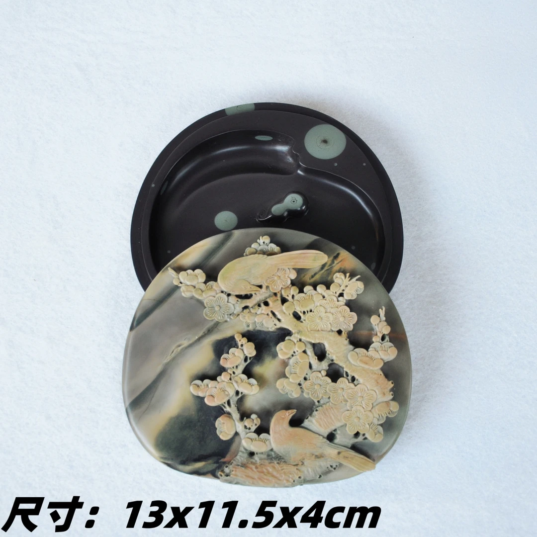 非物质文化遗产中国彩砚苴却砚手工雕刻精品花鸟盖砚 喜上眉梢
