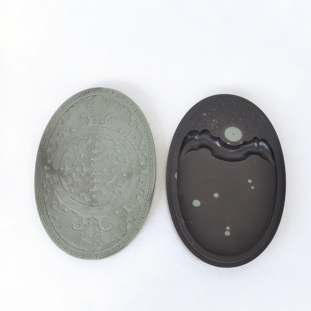 中国彩砚 苴却砚天然石色老坑绿膘 手工精雕仿古盖砚 福寿如意砚