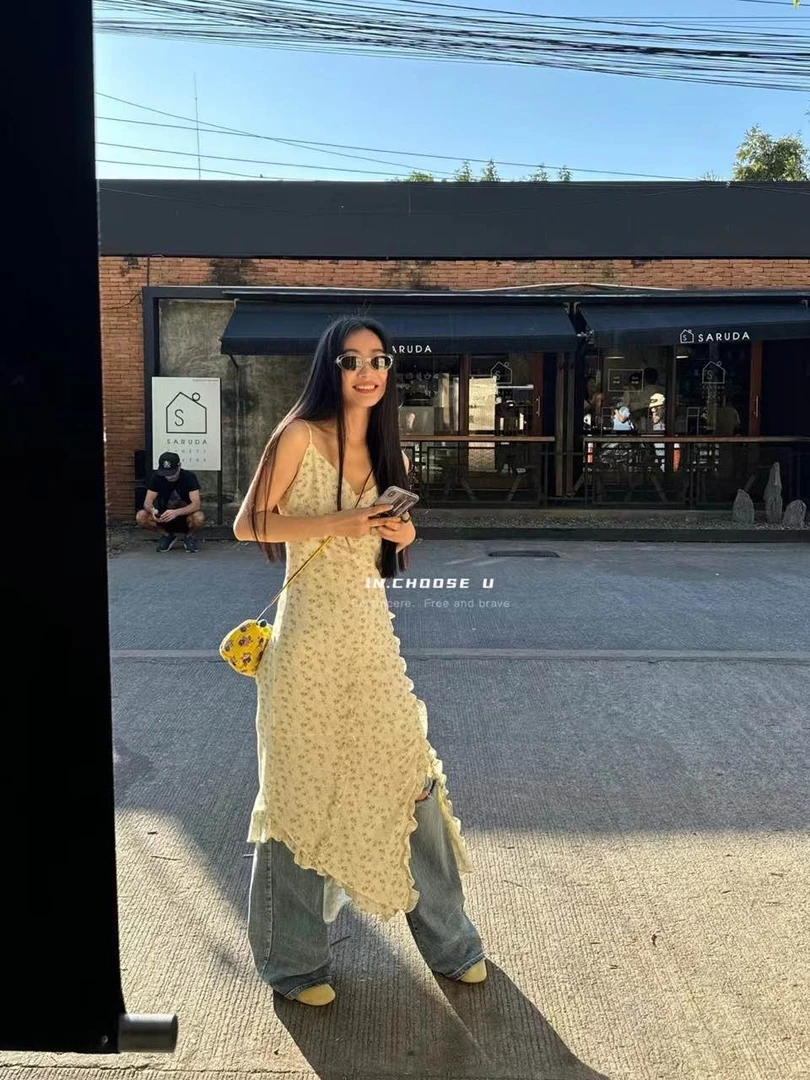 IN choose u笑笑家早春款侧开叉碎花裙连衣裙女度假风长裙