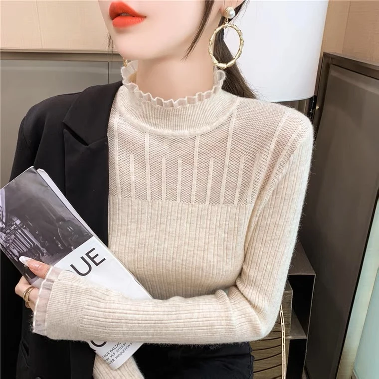 女早秋新款春秋时尚修身打底衫半高领显瘦套头上衣纯色长袖针织衫
