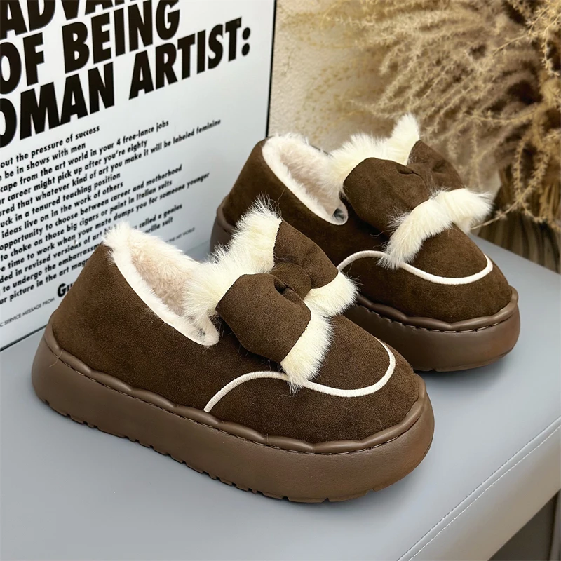 豆豆鞋女款2024秋季新款蝴蝶结包跟鞋子冬季加绒厚底棉鞋加绒保暖