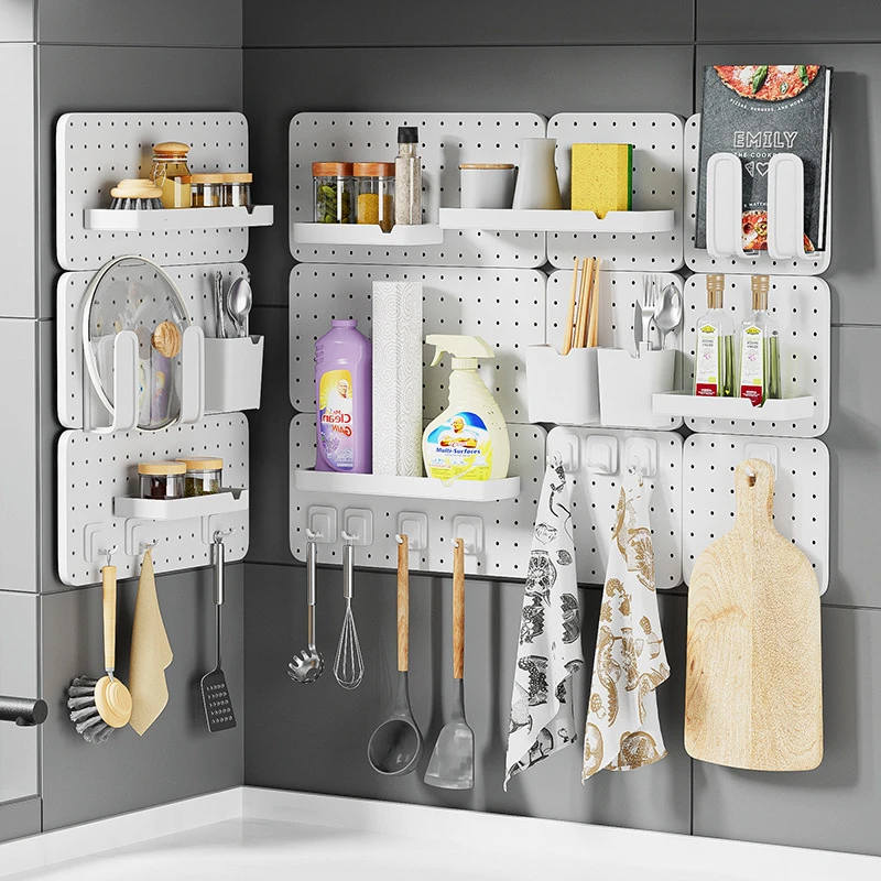 免打孔壁挂式洞洞板宿舍厨房浴室简约带挂钩墙上置物架家用洞洞板