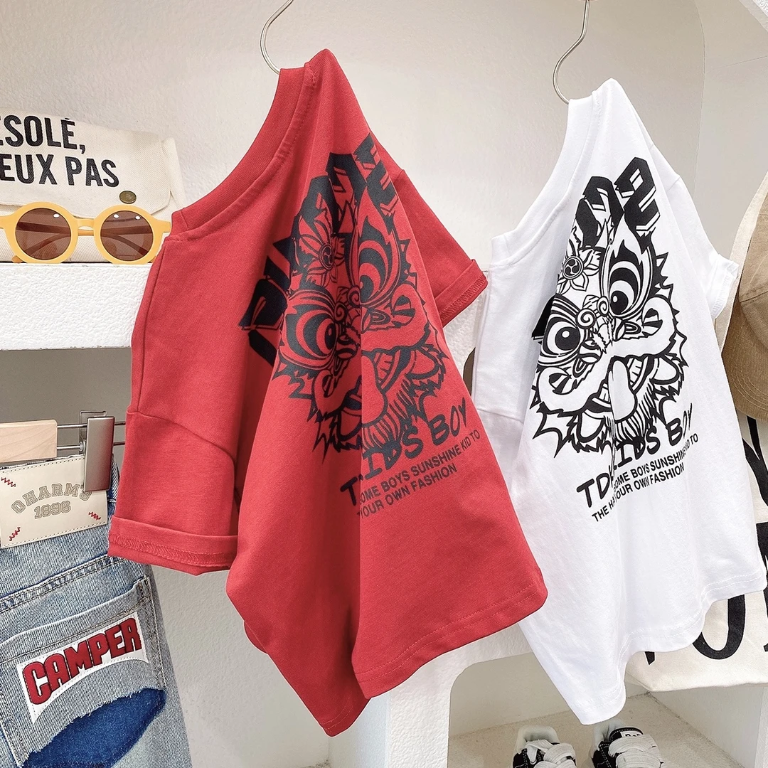 男童新款潮洋气百搭2024夏季纯棉短袖t恤童装中小童圆领外穿上衣