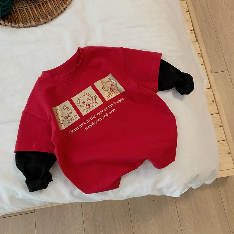 儿童纯棉宝宝红色上衣男女童2024新款假两件中小童卡通印花打底衫