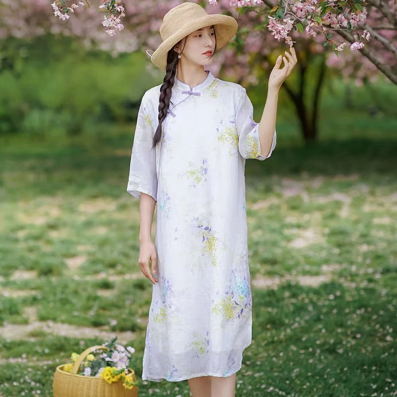 新中式女装2023新款苎麻改良旗袍复古棉麻连衣裙女夏季中国风茶服