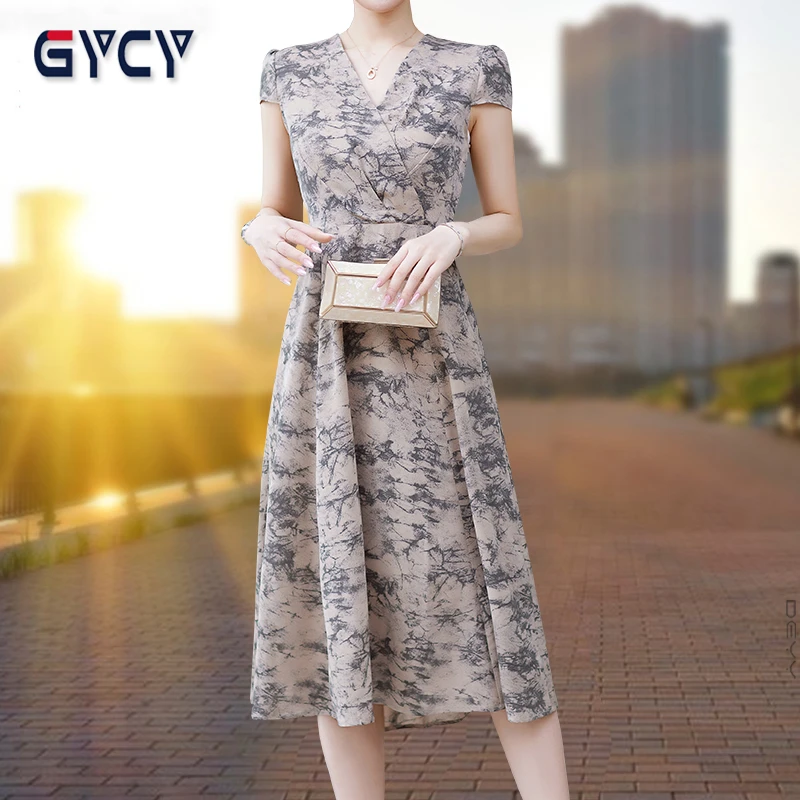 品牌雪纺连衣裙女2025年新款夏季气质V领复古小个子中长款大摆裙