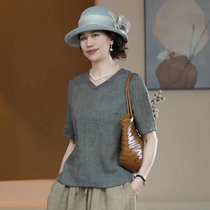 【芙澜卡尔】短袖V领春夏秋上衣宽松舒适中老年妈妈装新中式中国风