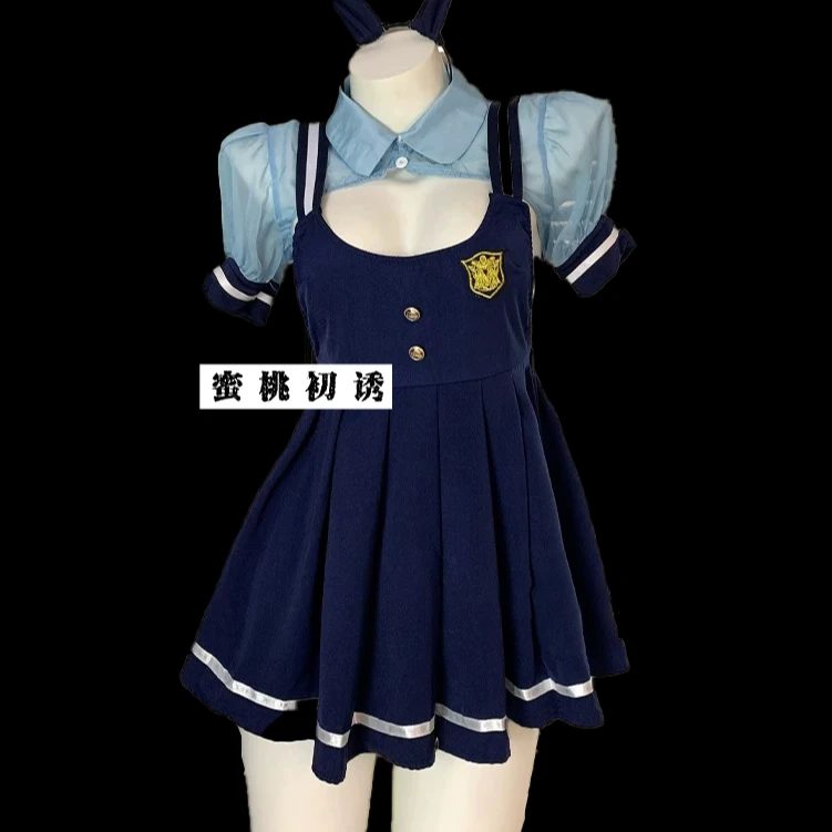 蓝色撞色可爱甜美泡泡袖拼接两件套睡裙朱迪cos纯欲制服兔兔睡衣