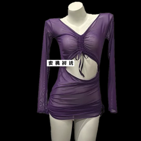 「蜜桃初诱NO退NO换」动情 紫色辣妹睡裙网纱镂空系带约会情侣女