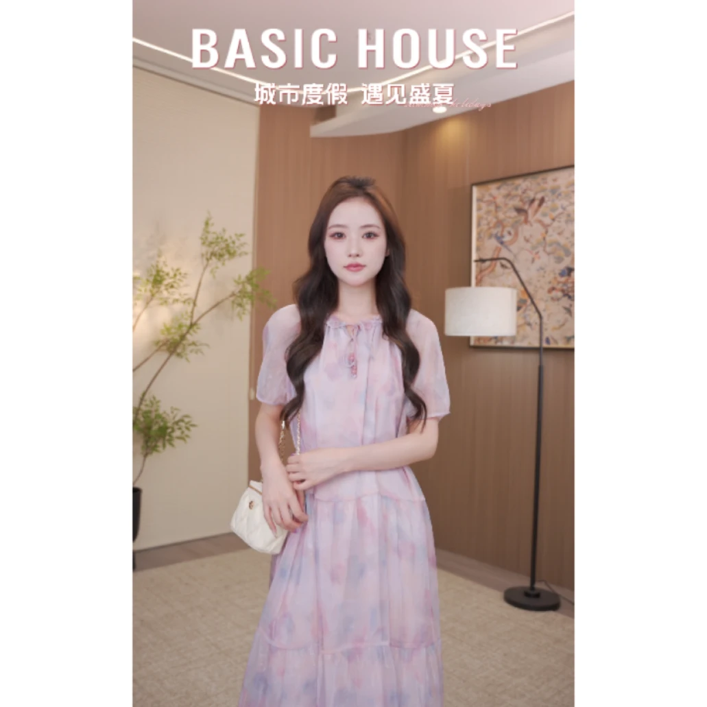 Basic House/百家好夏季新款气质碎花优雅时尚百搭连衣裙女B