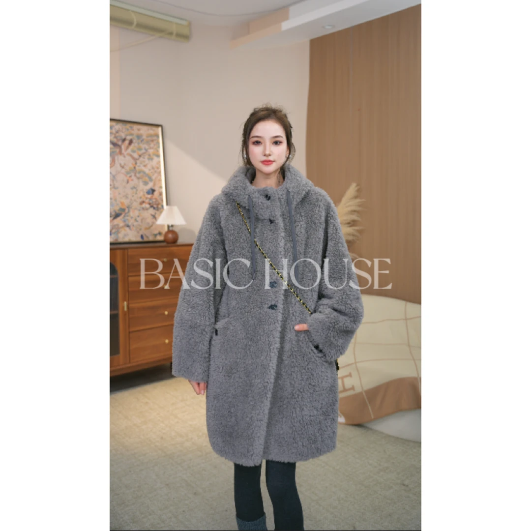 Basic House/百家好100绵羊毛百搭气质风慵懒连帽大衣B