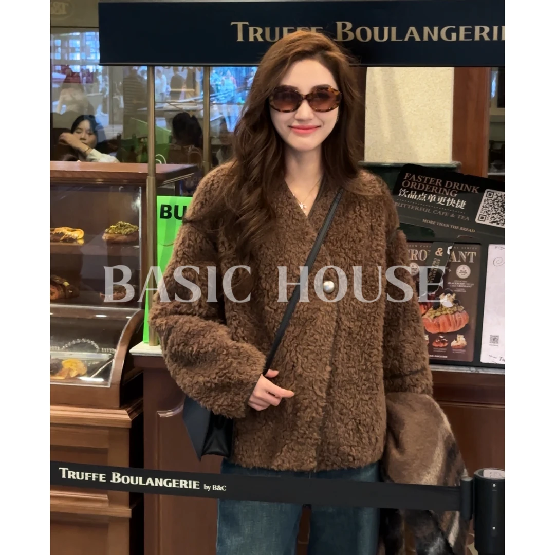 Basic House/百家好100绵羊毛百搭风韩版时尚气质V领大衣