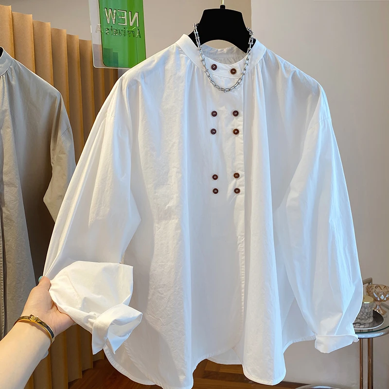 春秋新款双排扣纯色立领长袖衬衫上衣女装大码宽松小众衬衣潮流爆