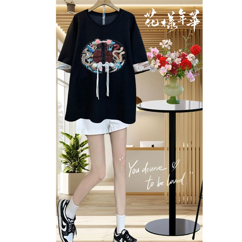设计感国风刺绣盘扣短袖T恤上衣女胖妹妹大码独特百搭体恤夏季潮