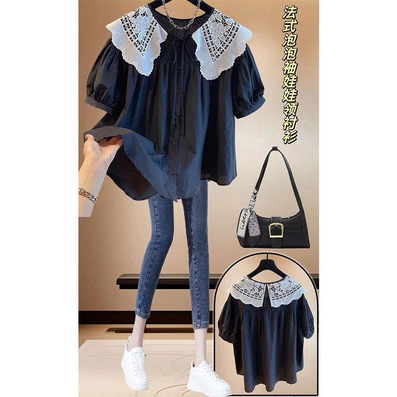 高级感胖妹妹娃娃领衬衫上衣夏季新款独特别致好看衬衣潮流爆款