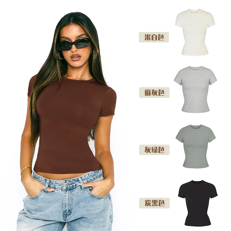 之塑SKIMS同款紧身短袖高弹打底显瘦美式ABG辣妹正肩短款棉T恤