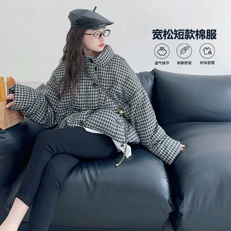 女童2024秋冬新款韩版千鸟格子棉服韩版加厚小众面包服宽松外套