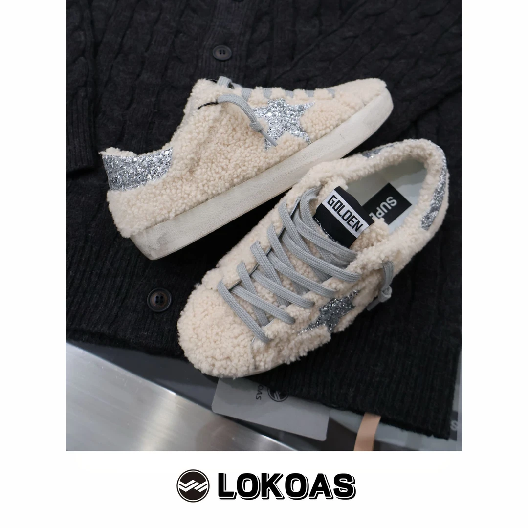 新品 限量加绒羊羔毛复古做旧内增高小脏鞋休闲星星板鞋毛毛鞋