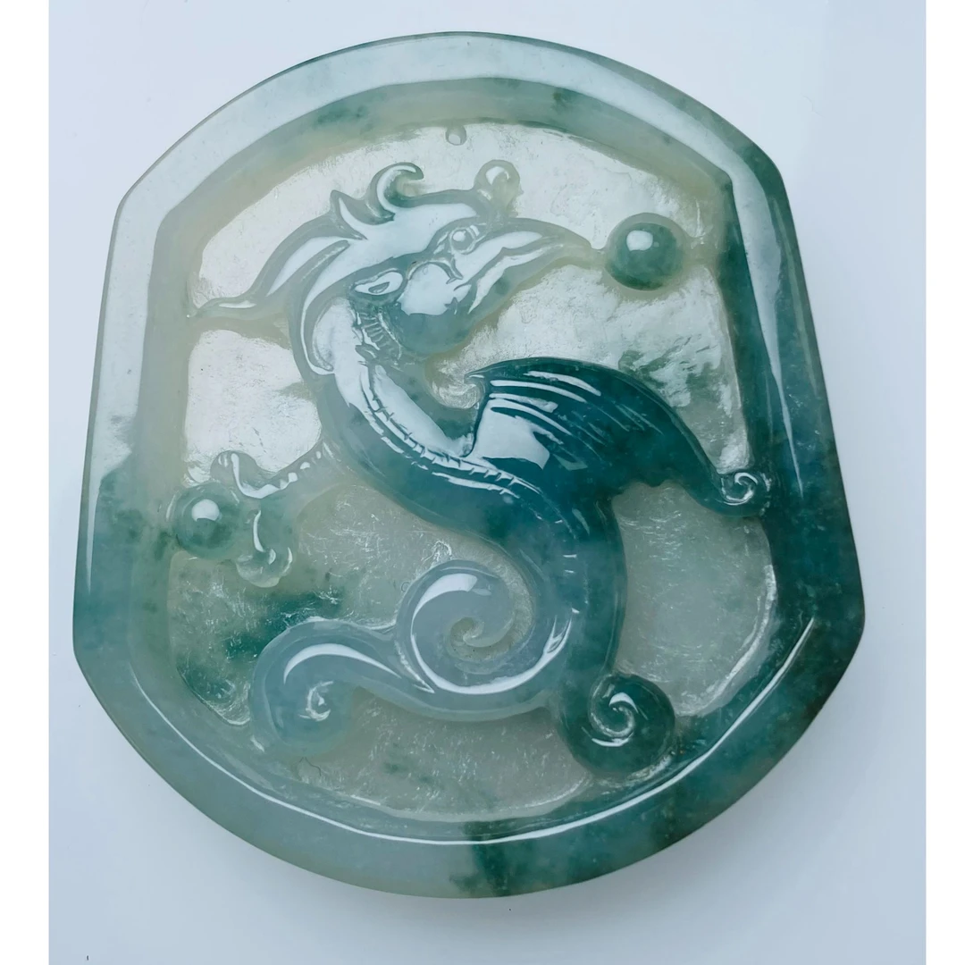 天然缅甸A货翡翠凤凰牌吊坠龙凤呈祥仿古精美粉青精雕飘绿雕刻