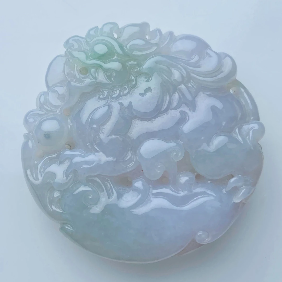 天然缅甸A货翡翠飘花貔貅吊坠双面雕刻精雕飞天貔貅飘绿巧雕俏色