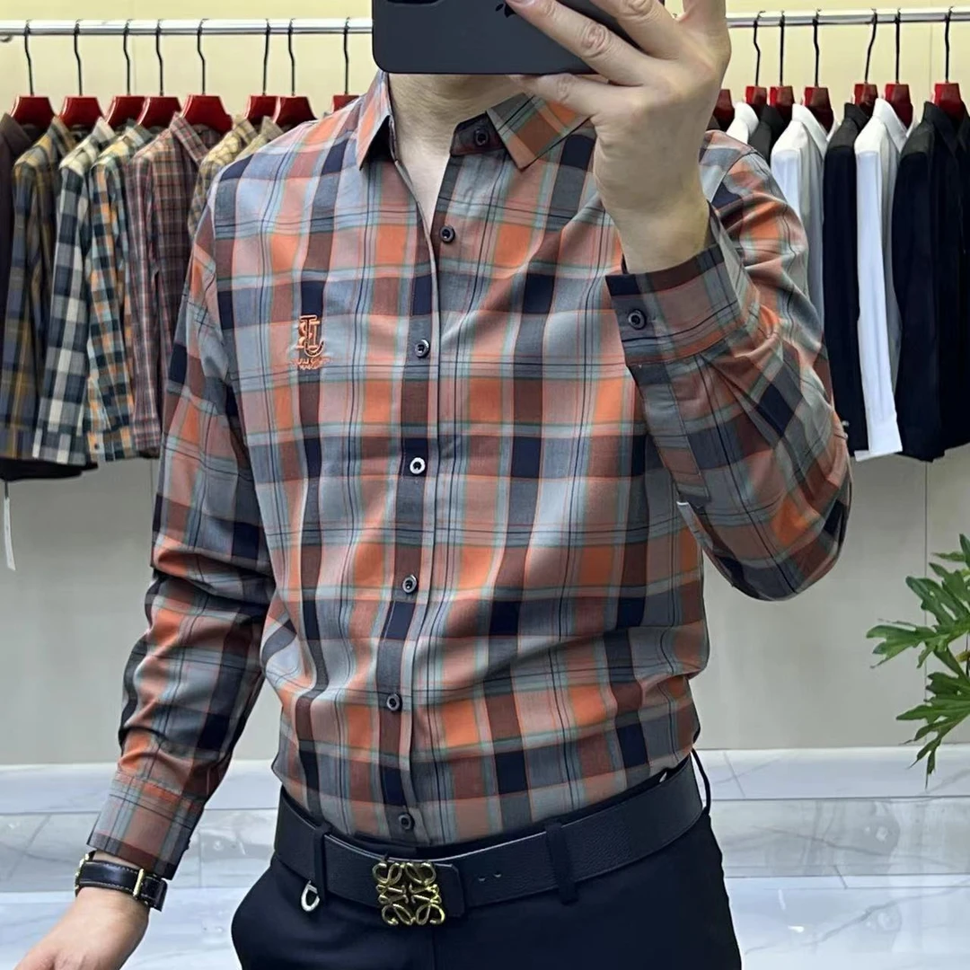 男士长袖秋冬红格时尚轻奢衬衫春秋衬衣春季休闲百搭网红高奢轻奢