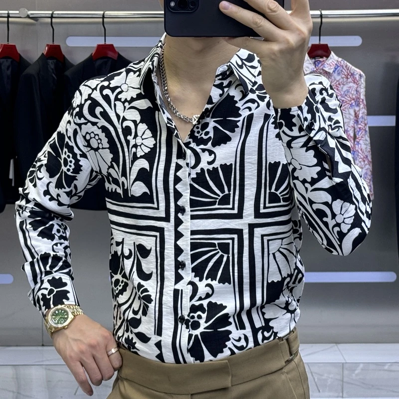 男士新款潮流百搭帅气印花休闲修身个性时尚长袖衬衫