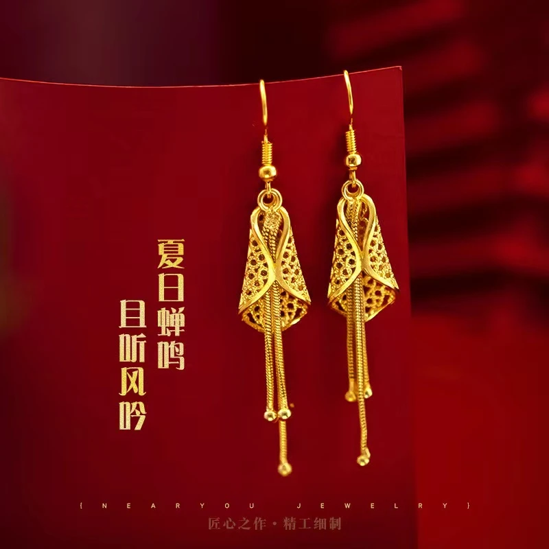 铜合金耳饰 女款夏日蝉鸣耳坠民族风镂空树叶流苏耳钩时尚耳饰