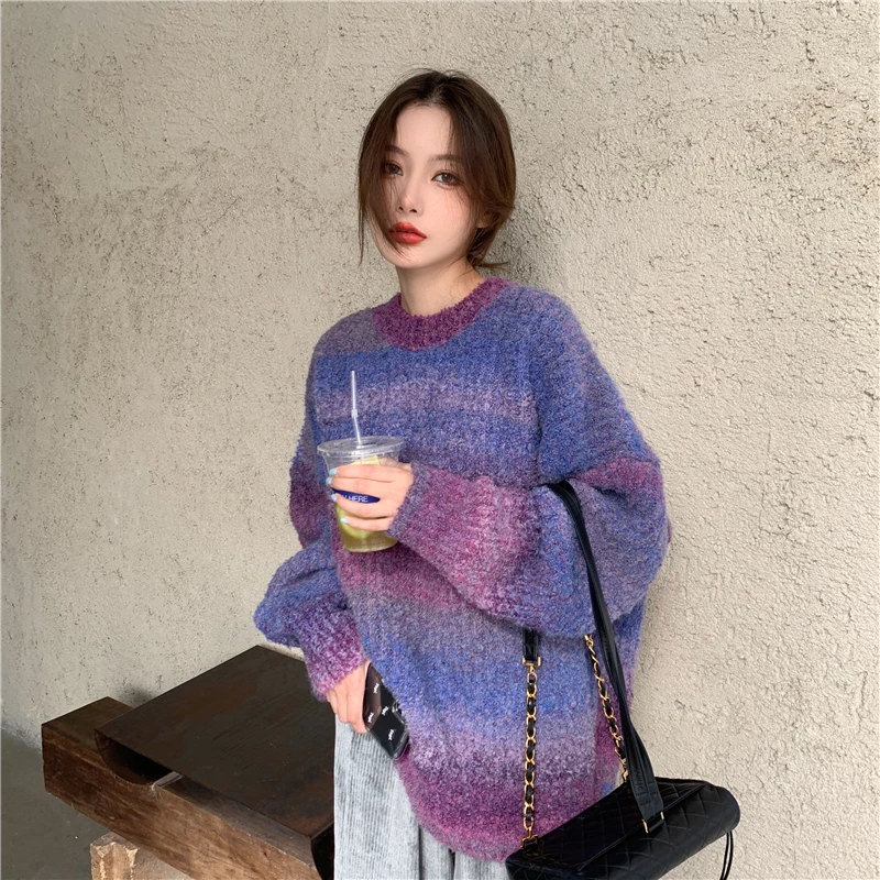 港味chic渐变套头毛衣女秋冬新款宽松慵懒风针织衫百搭休闲上衣潮