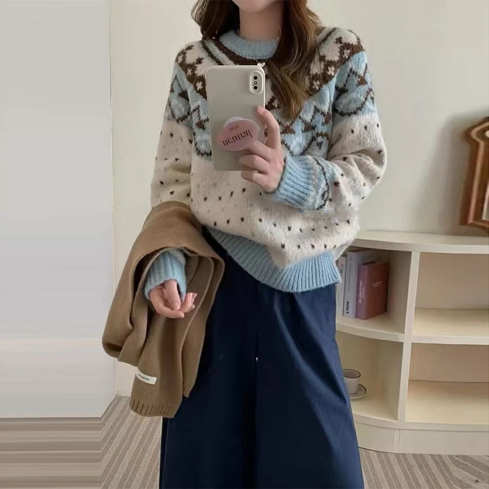 费尔岛减龄圆领长袖针织衫女韩版复古宽松加厚秋冬上衣