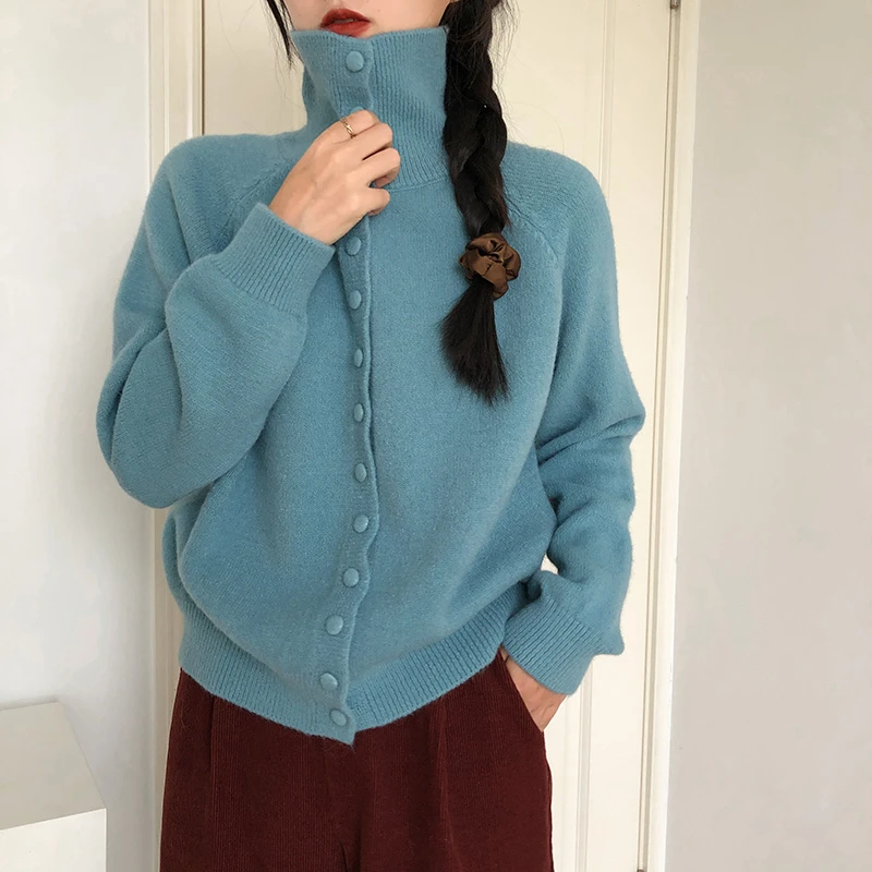 设计感秋冬新款高翻领软糯针织开衫女显瘦单排扣毛衣外套