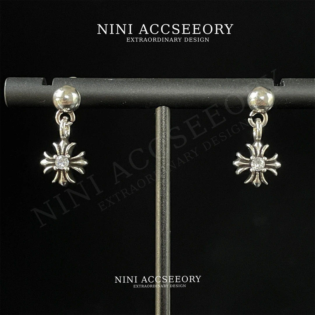 『十字花单钻耳坠』潮奢时尚辣妹个性银色简约耳钉